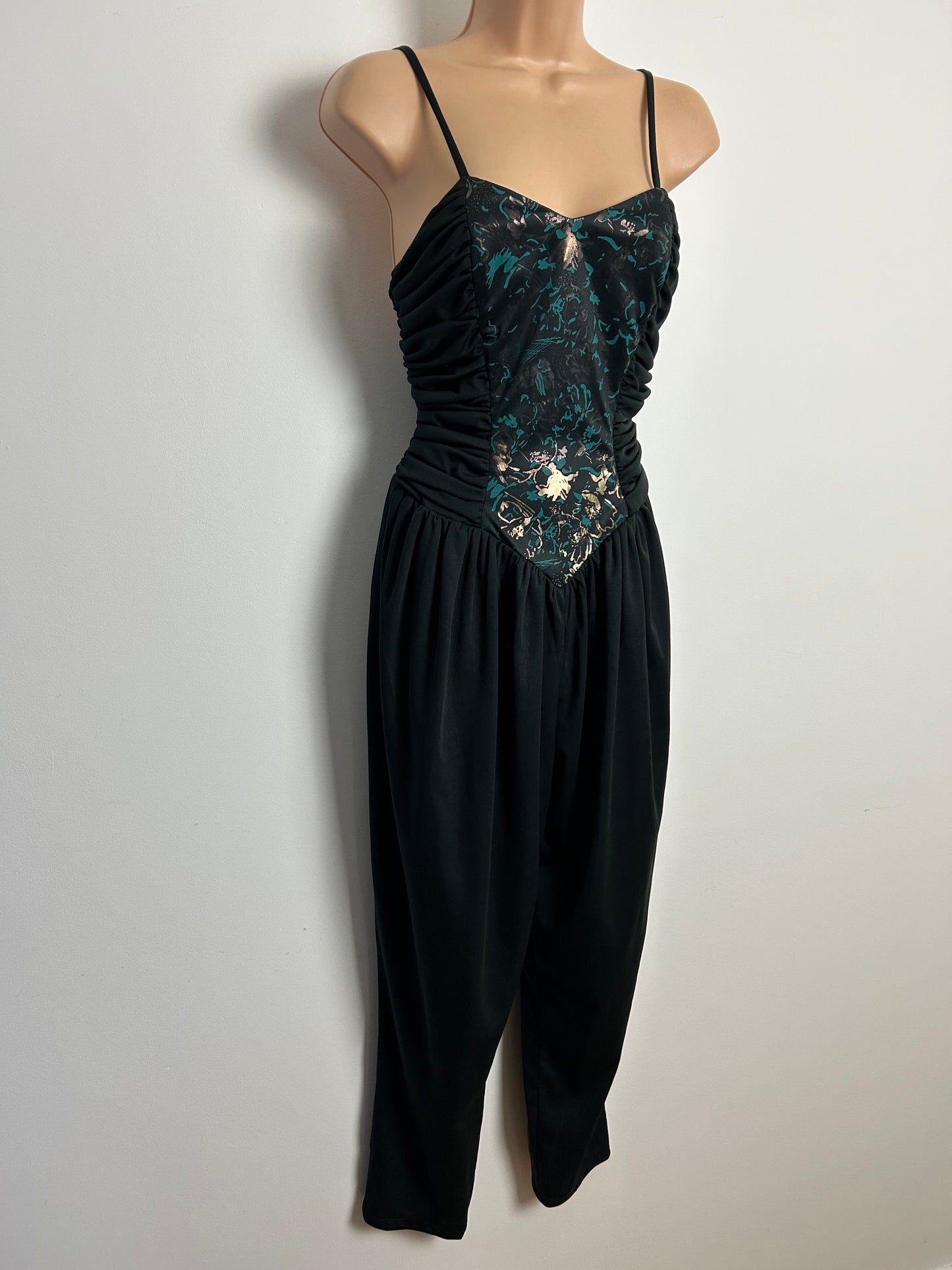 Vintage 1980s Size 10-12 Black Teal & Gold Ruched Bodice Strappy Party Evening Jumpsuit