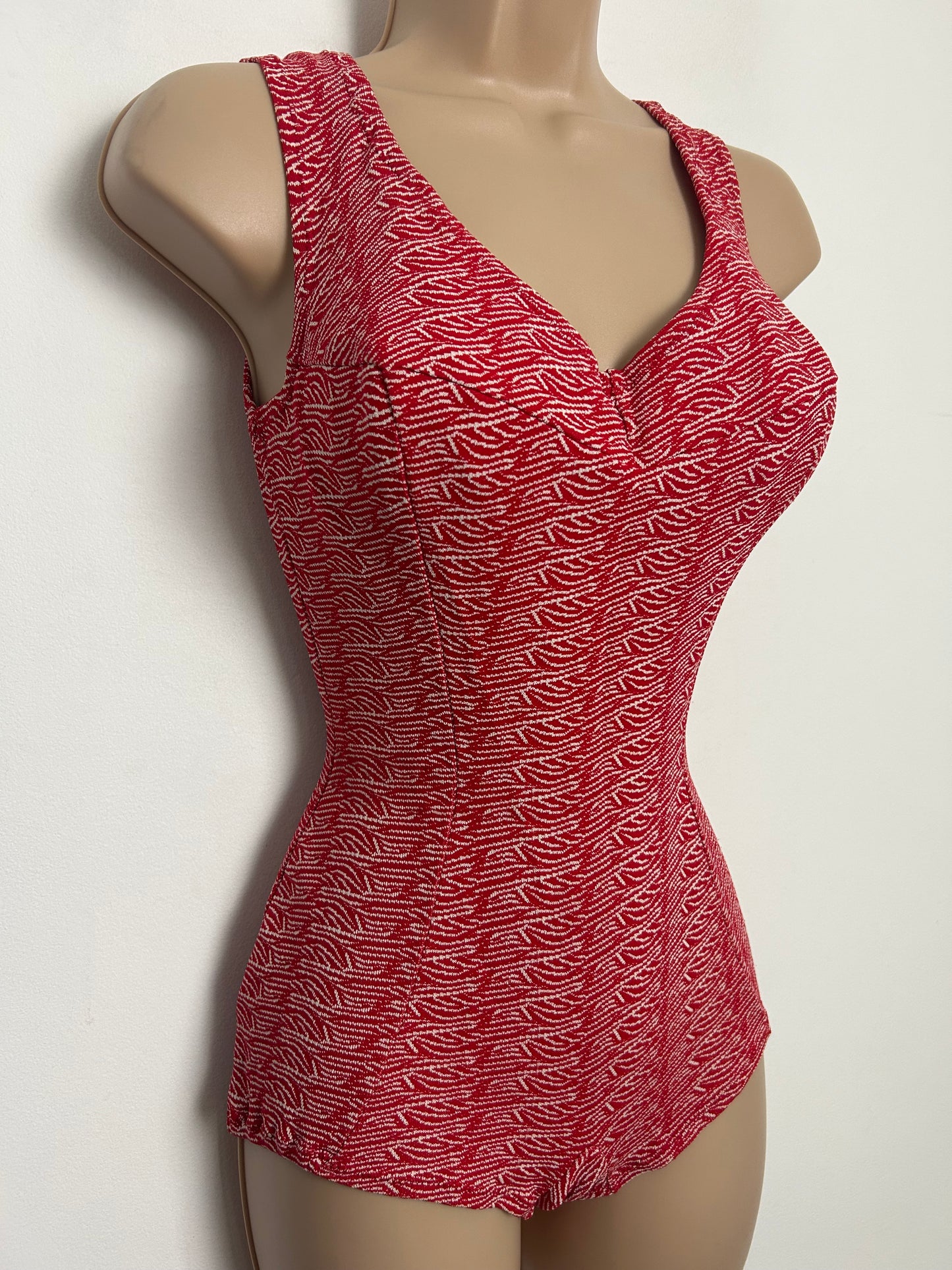 Vintage Late 1950s BALNEA PARIS Size 10 Red & White Pattern Padded Cup Swimsuit