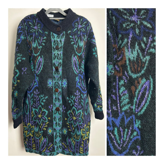 Vintage 1980s Size 12-14 Slouchy Fit Black Green & Blue Wool Mix Long Line Chunky Cardigan