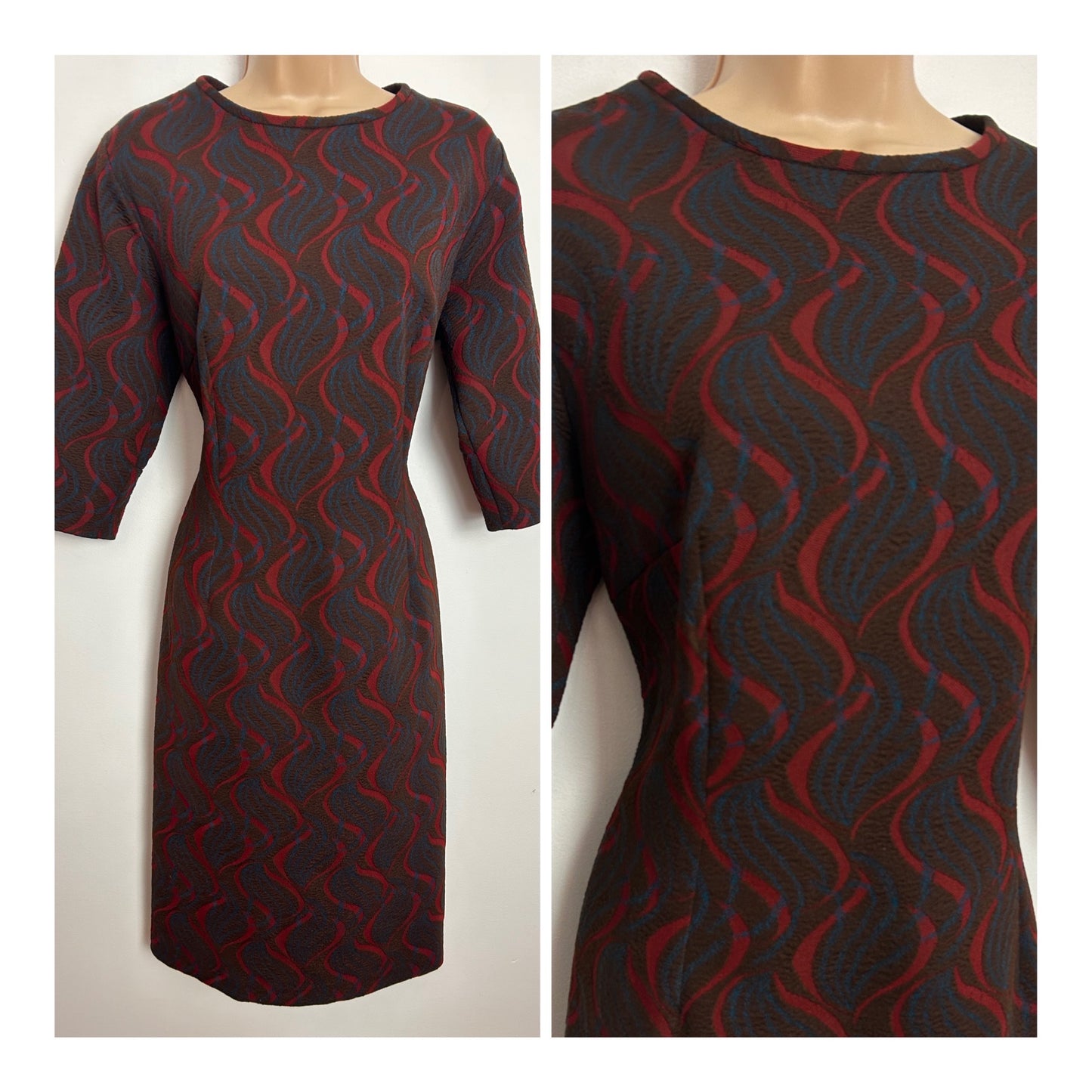 Vintage 1960s UK Size 14 Brown Red & Blue Wavy Print Crimplene Mod Dress