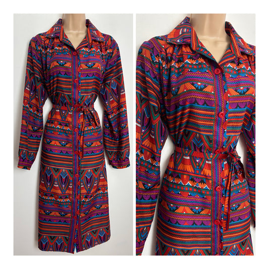 Vintage 1970s 14 Purple Orange Blue & Red Abstract Stripe Print Long Sleeve Belted Mod Dress