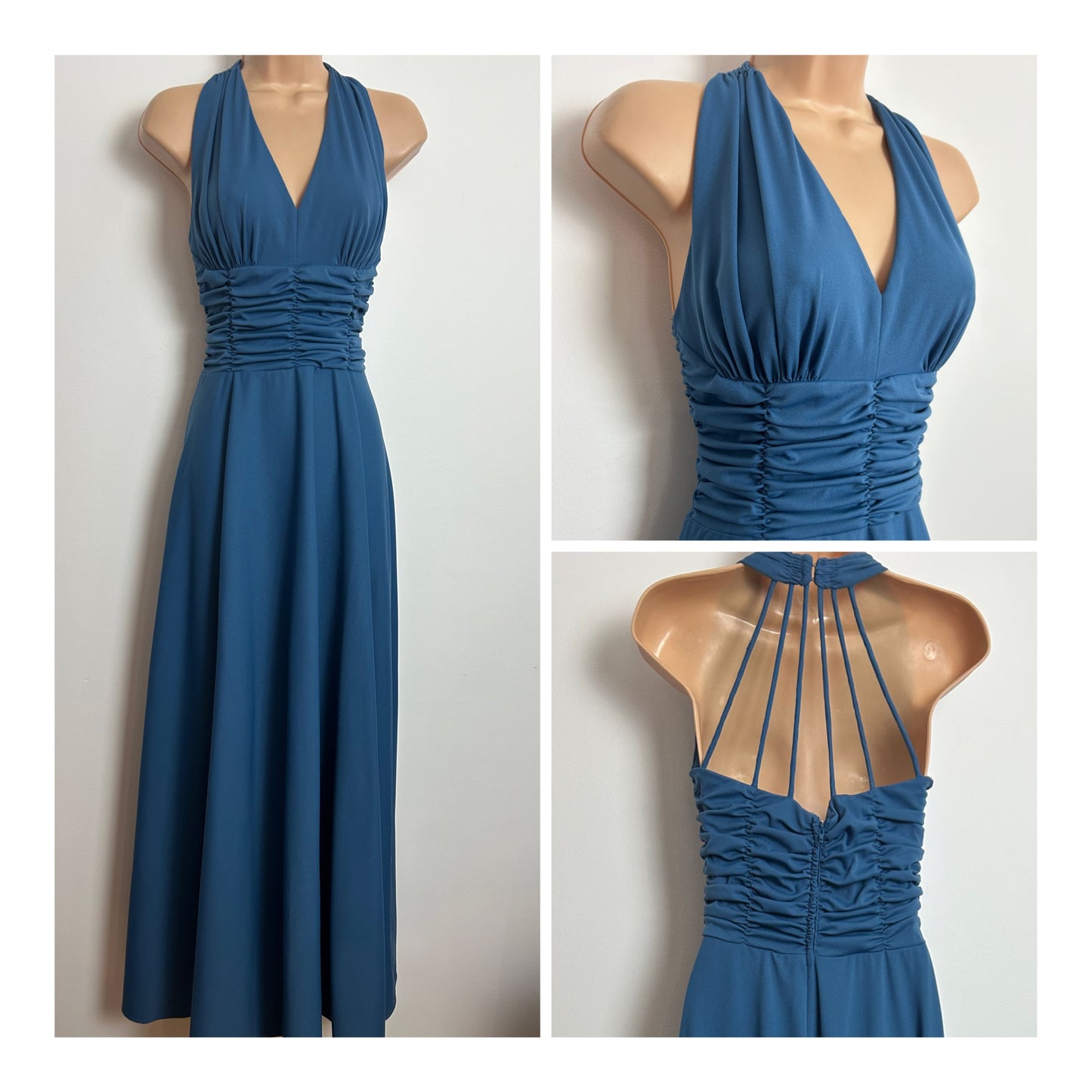 Vintage 1970s Size 6 Dusky Blue Strappy Cage Back Evening Occasion Maxi Dress