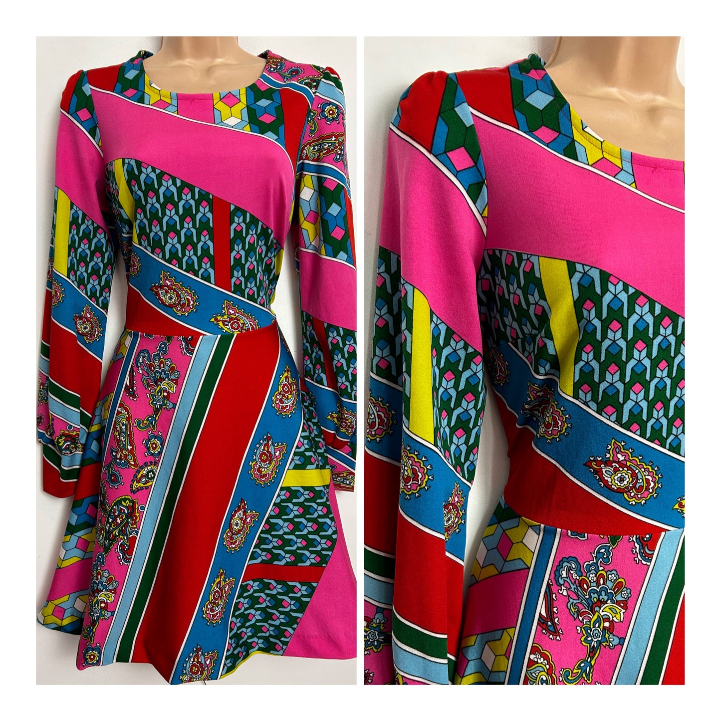 Vintage 1970s RARE ITALIAN CONFEZIONI DI LUSSO UK Size 10 AMAZING Pink Blue Yellow & Green Abstract Print Dress