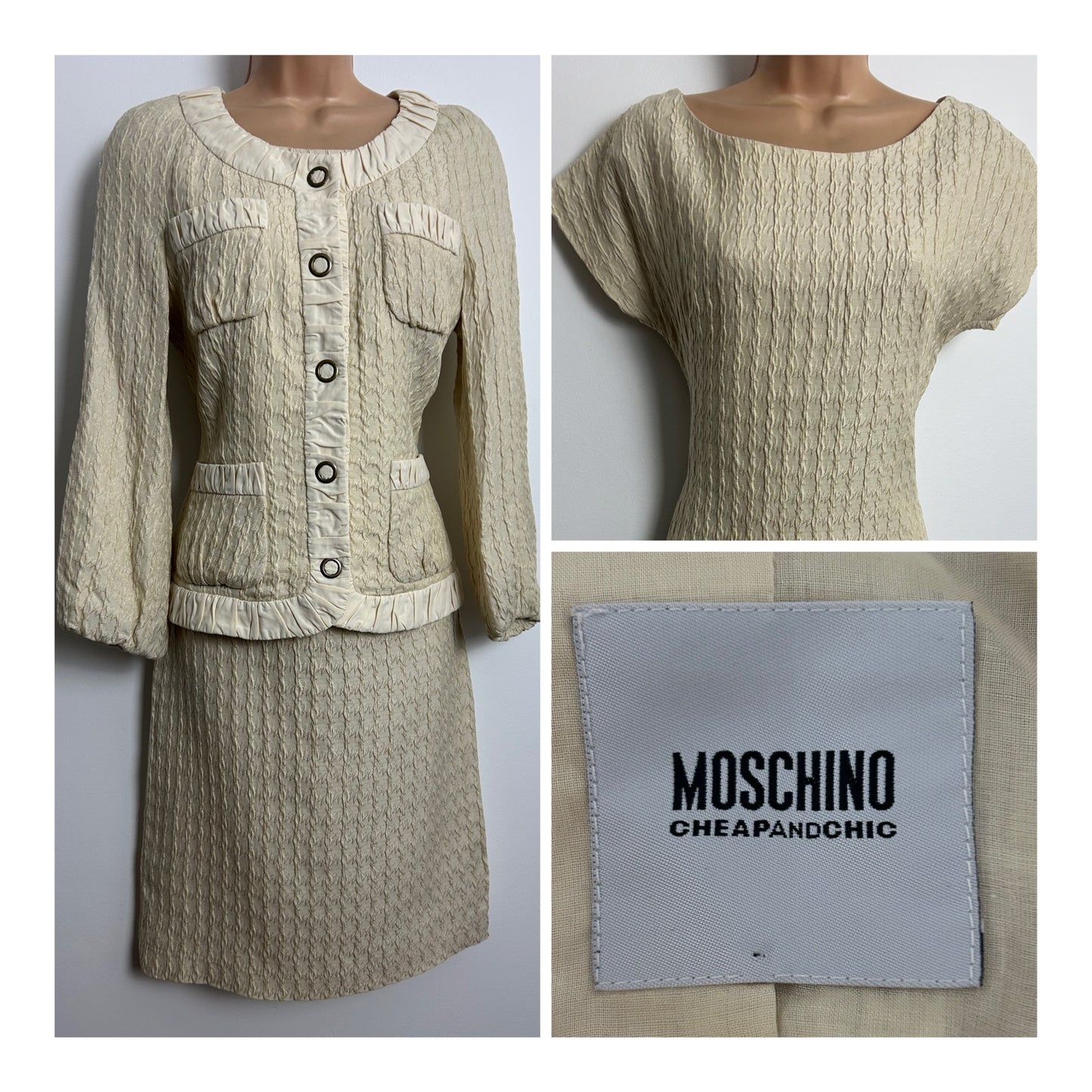Vintage 1990s MOSCHINO CHEAP & CHIC Size 10 Cream Crinkle 60s Style Dress & Jacket Suit