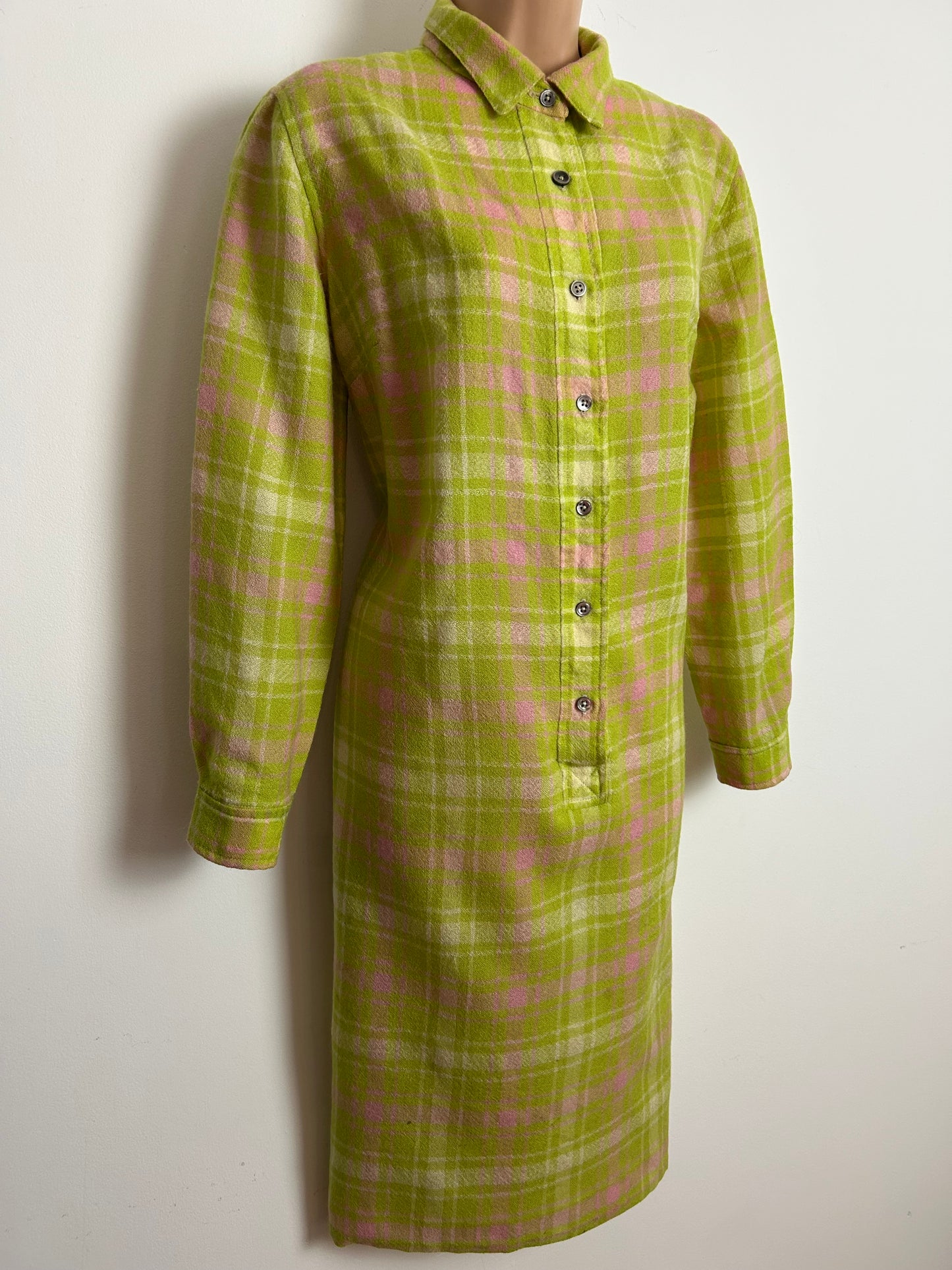 Vintage 1970s PETER COLLINS Size 14-16 Lime Green & Pink Check Long Sleeve Shirt Style Dress