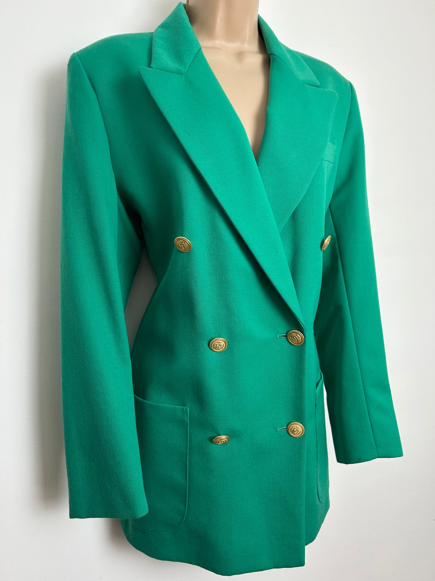 Vintage 1990s ST MICHAEL MARKS & SPENCER Size 12-14 Green Pure Wool Military Style Double Breasted Blazer