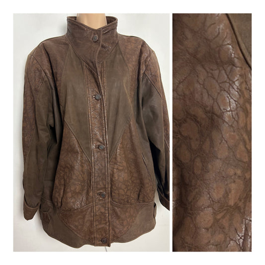 Vintage 1980s UK Size 12 Oversized Brown Animal Type Pattern Panelled Leather Jacket