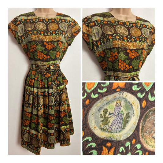 Vintage 1950s UK Size 10-12 Gorgeous Brown Orange & Green Berry Floral & Novelty Print Belted Short Sleeve Cotton Day Dress