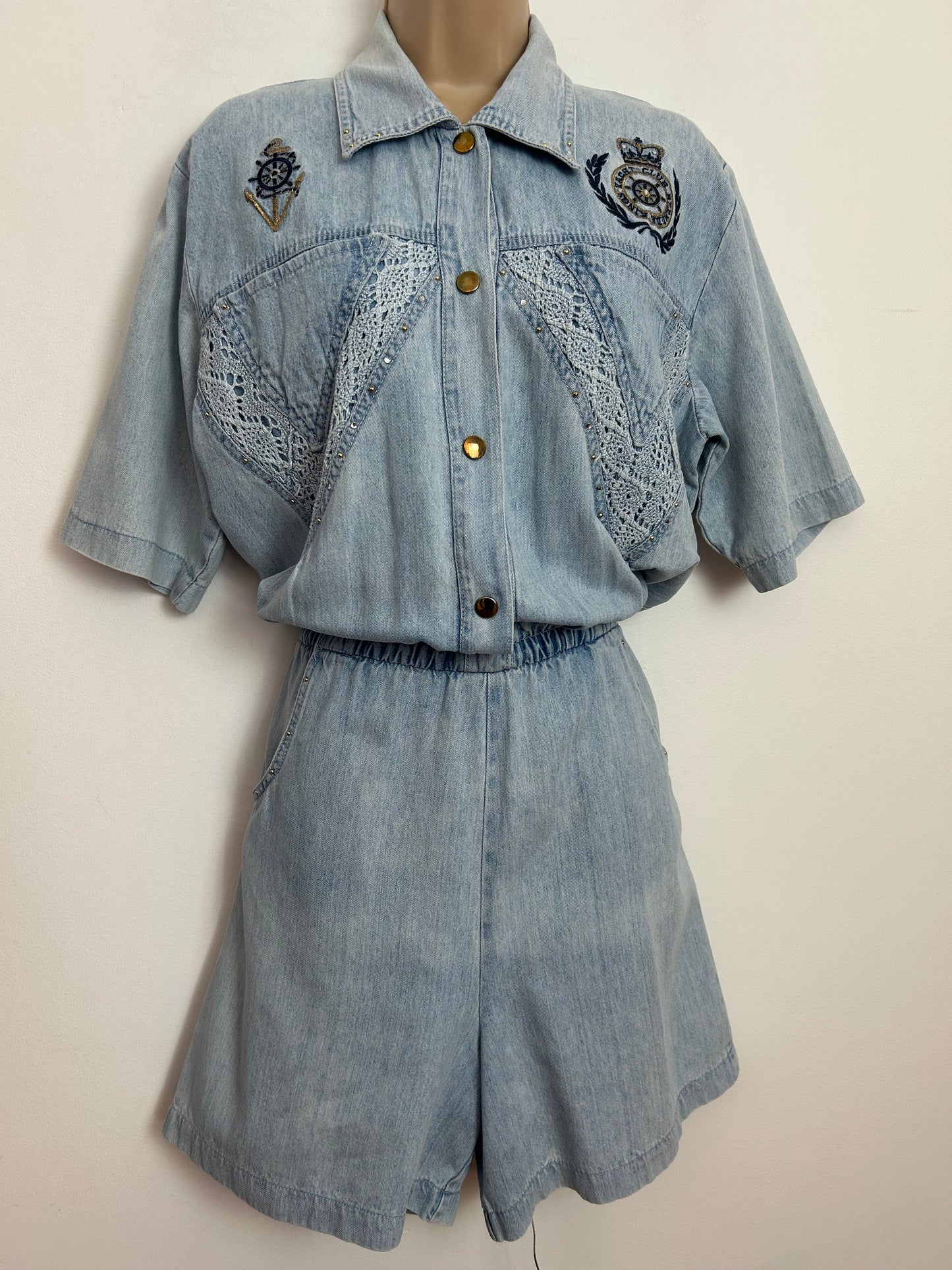 Vintage 1980s RARE ST DENIS Size 12 Pale Stonewash Denim Nautical Applique Detail Playsuit