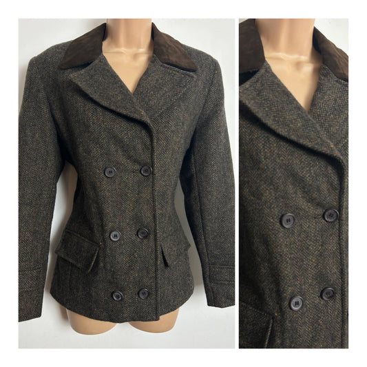 Vintage 1980s CHARACTER SUBURBANWEAR Size 12 Brown Wool Tweed Blazer With Suede Collar