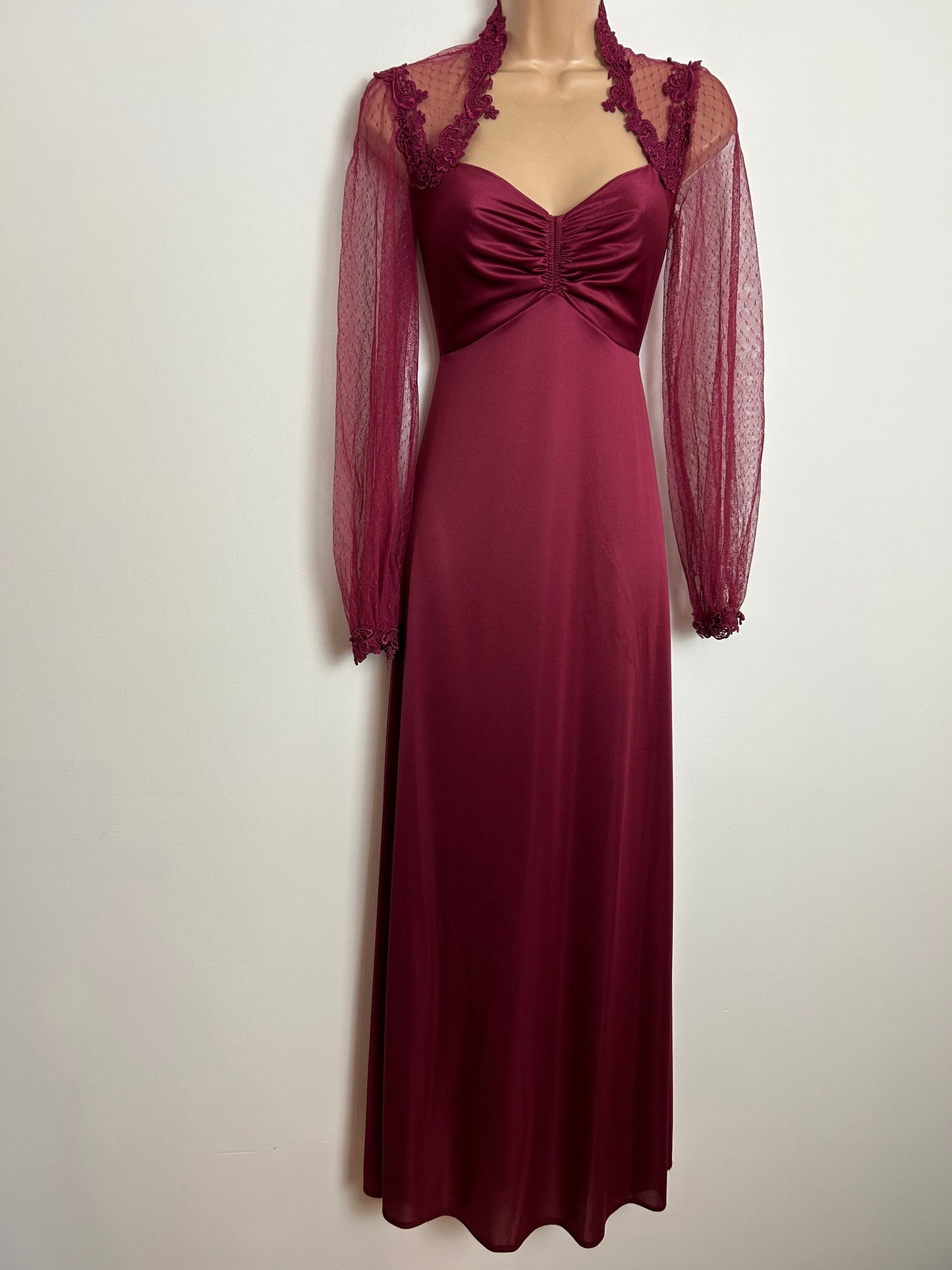 Vintage 1970s UK Size 6 Maroon Lace Detail Sweetheart Neckline Long Sleeve Occasion Evening Maxi Dress