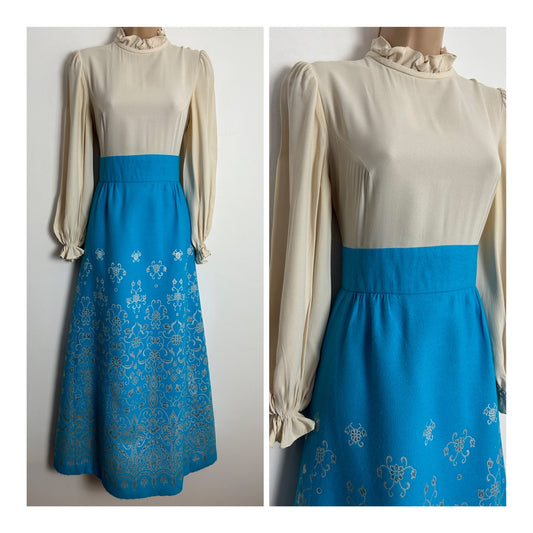 Vintage 1960s BERKERTEX UK Size 6-8 Turquoise & Cream Floral Detail Long Sleeve Occasion Maxi Dress