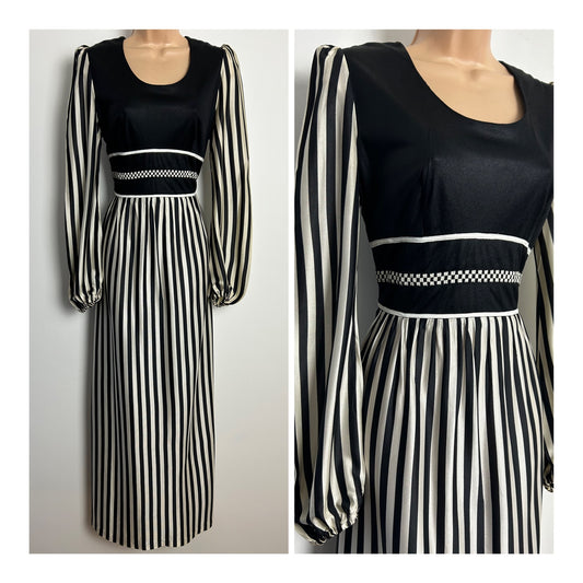 Vintage 1970s DEVONSHIRE LADY Size 10 Black & White Vertical Stripe Long Sleeve Maxi Dress