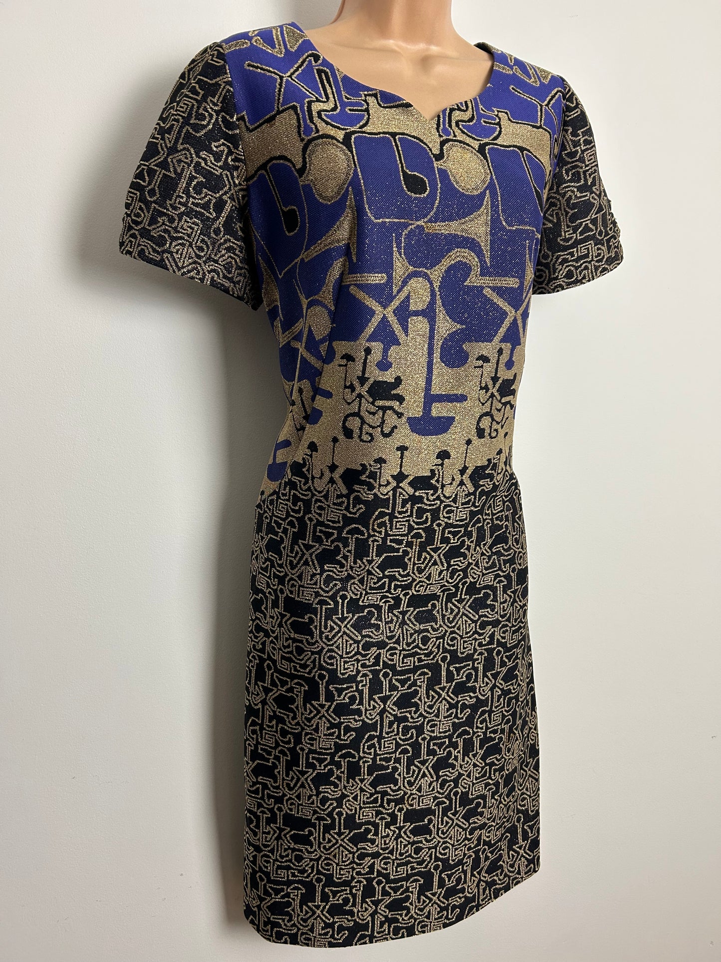Vintage 1960s Size 12 Purple Gold & Black Abstract Print Lurex Mod Shift Party Dress