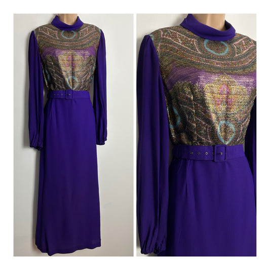 Vintage Late 1960s JOBI UK Size 10-12 Purple Teal & Gold Lurex Pattern Bodice Belted Occasion Maxi Dress