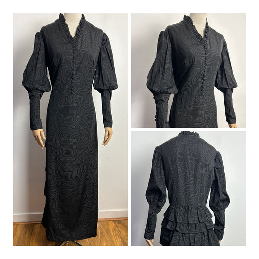 Vintage 1970s UK Size 14 Homemade Gorgeous Black Moire Fabric Victoriana Gothic Long Sleeve Layered Bustle Back Maxi Dress