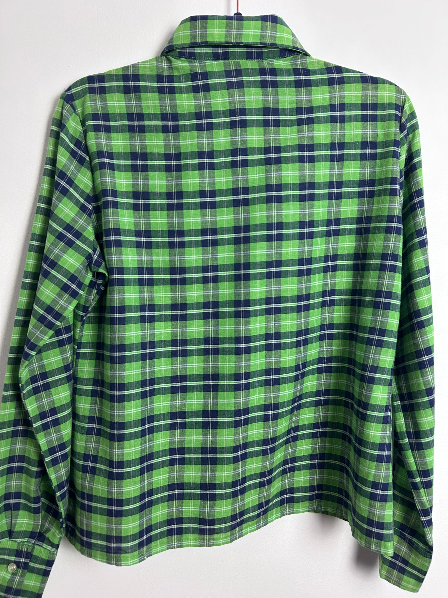 Vintage 1970s JANE VILLEPREUX Size 12-14 Green & Navy Blue Check Print Cotton Mix Long Sleeve Shirt