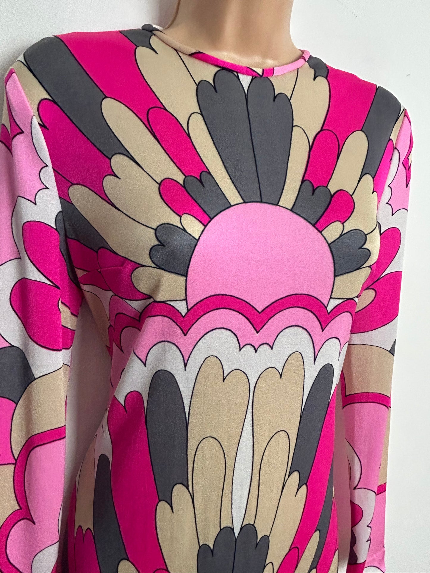 Vintage 1960s 70s Collectable Rare COLIN GLASCOE Size 12-14 Pink Grey Beige & White Psychedelic Print Ban-Lon Jersey Shift Dress