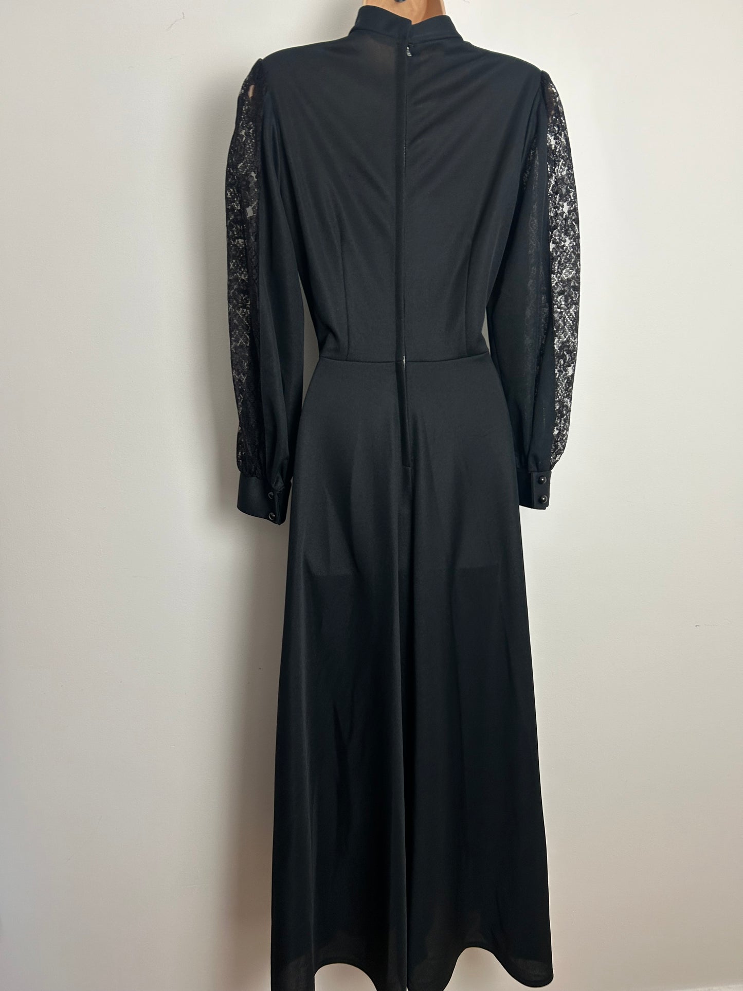 Vintage 1970s Size 10 Black Gothic Vibes Lace Illusion Neck Long Sleeve Maxi Dress
