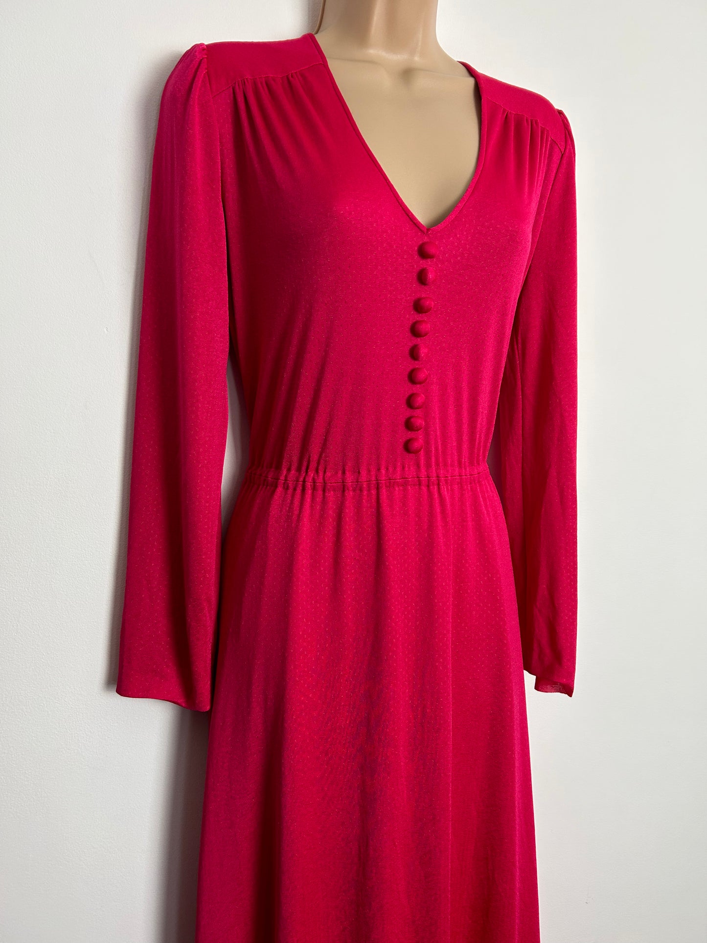 Vintage 1970s UK Size 14-16 Hot Pink Long Sleeve Maxi Dress