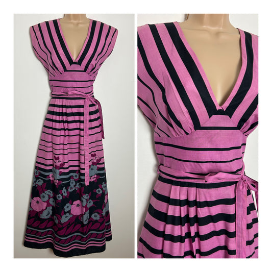 Vintage 1970s VERA MONT PARIS Size 8-10 Pink Black & Grey Stripe & Floral Print Cotton Pleated Maxi Dress