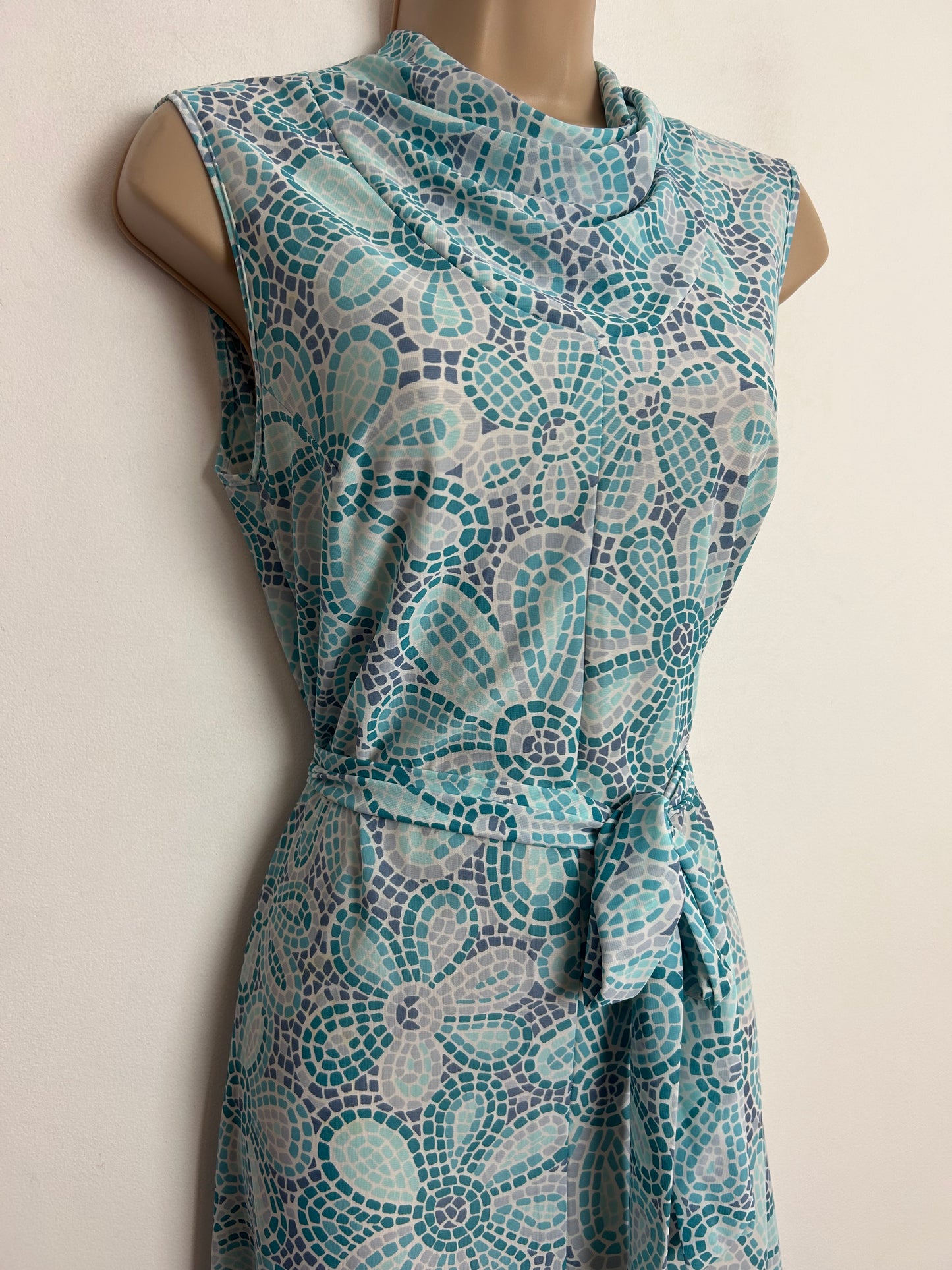 Vintage 1970s Rare PIPPA DEE Blue Teal & Grey Mosaic Floral Print Cowl Neck Sleeveless Belted Wide Leg Nylon Jumpsuit