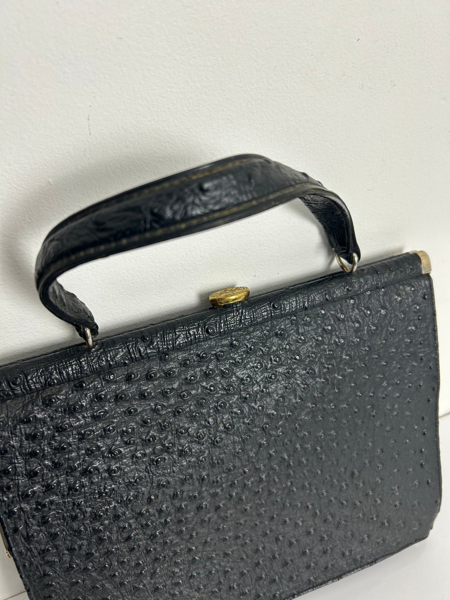 Vintage 1950s Black Ostrich Leather Kelly Style Handbag