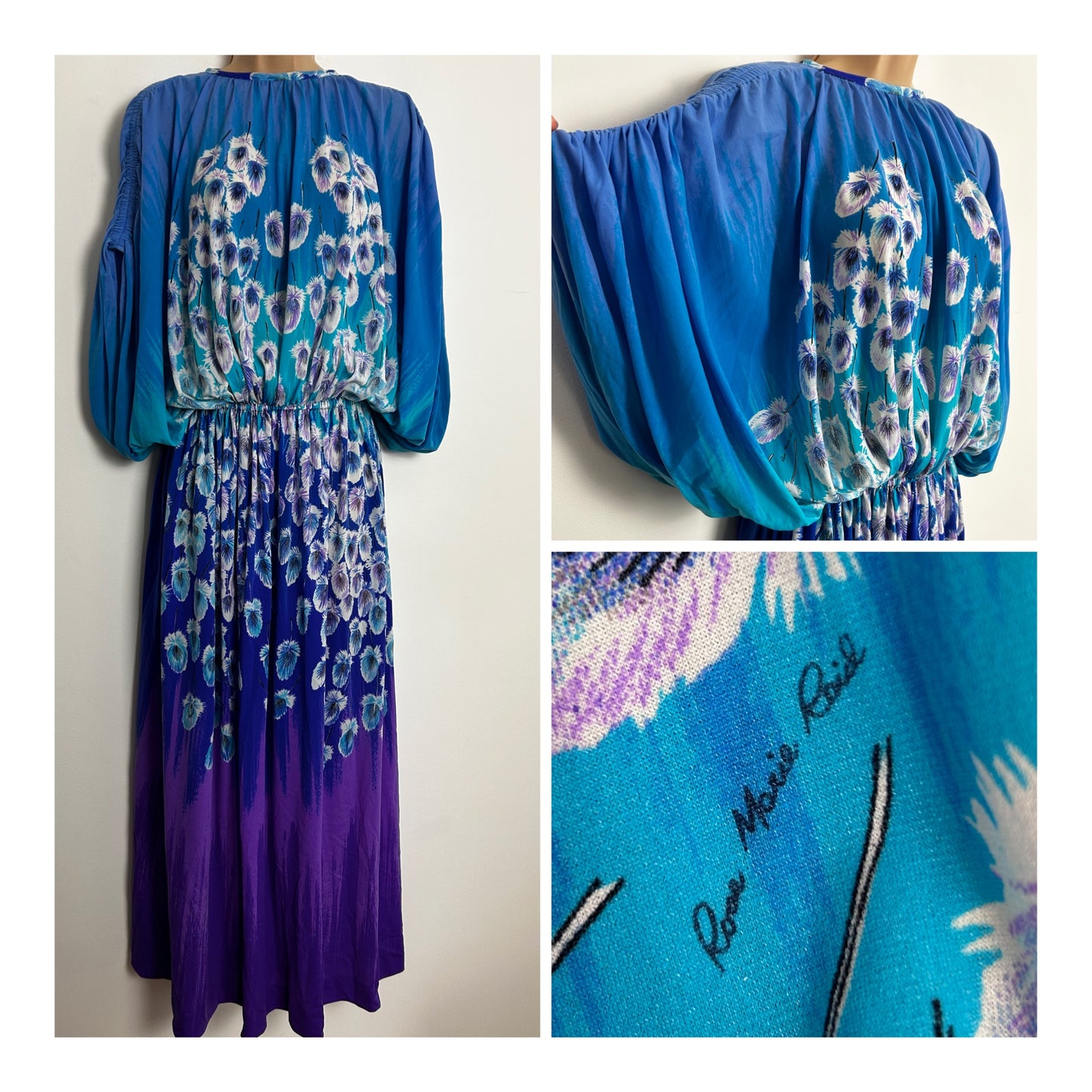 Vintage Late 1970s ROSE MARIE REID UK Size 10-12 Blue & Purple Tones Feather Print Wide Sleeve Maxi Dress