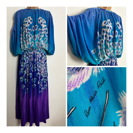 Vintage Late 1970s ROSE MARIE REID UK Size 10-12 Blue & Purple Tones Feather Print Wide Sleeve Maxi Dress