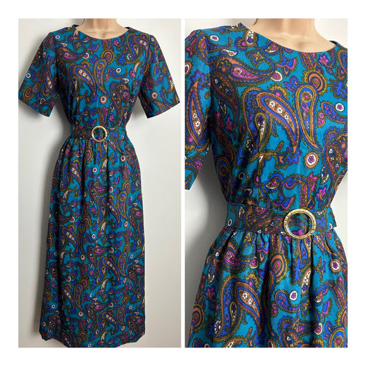 Vintage 1970s Size 6 Peacock Blue Pink & Brown Paisley & Floral Print Belted Maxi Dress