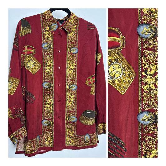 Vintage 1980s INTERCHIC Size 14-16 Maroon Baroque Print 100% Silk Shirt