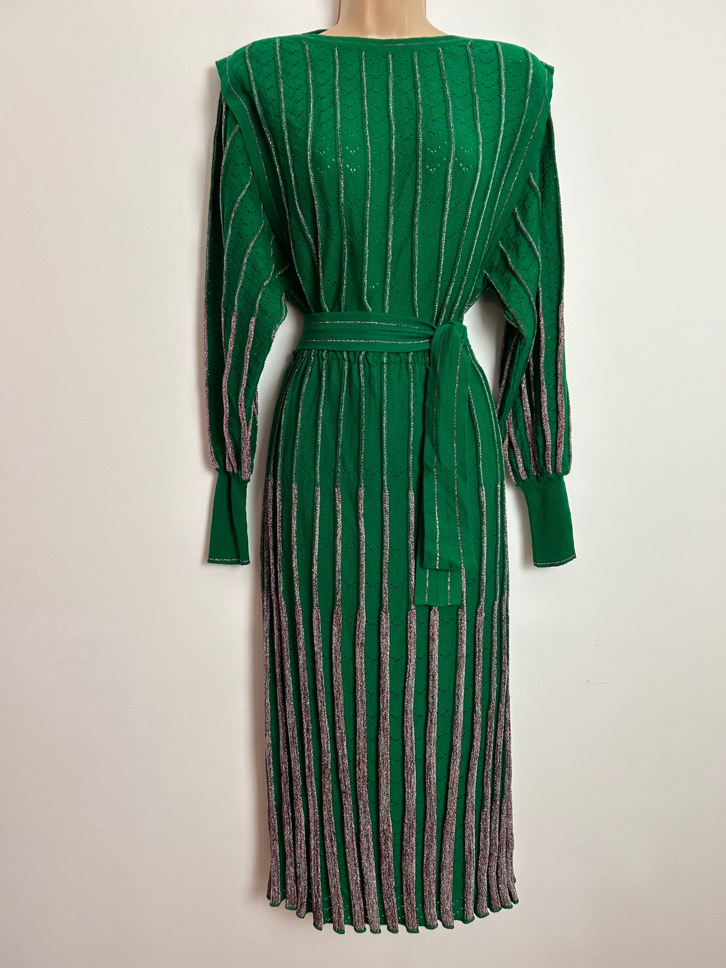 Vintage 1980s BELLINO Made In Italy UK Size 10 STUNNING Green & Metallic Silver Pleated Knitted Dress