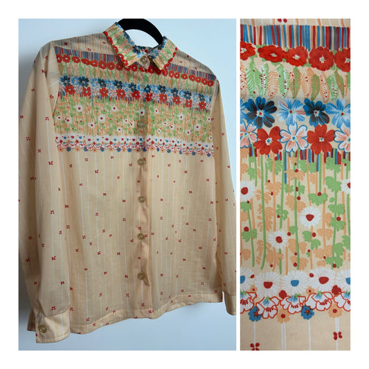 Vintage 1970s JITEX Size 12-14 Beige Red & Green Floral & Stripe Print Long Sleeve Shirt