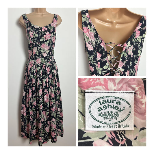 Vintage 1980s LAURA ASHLEY Size 10 Black Pink & Green Floral & Butterfly Print Lace Up Back Midi Dress