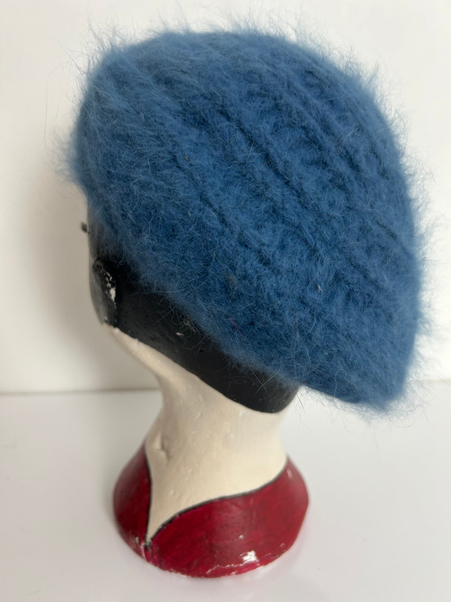 Vintage Dusky Blue Chunky Knit Wool & Angora Mix Beret Style Reversible Hat