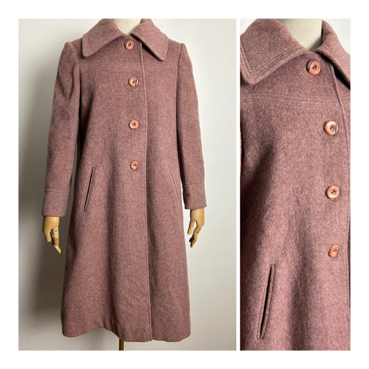 Vintage Late 1970s Size 12-14 Dusky Pink Wool Fully Lined Coat