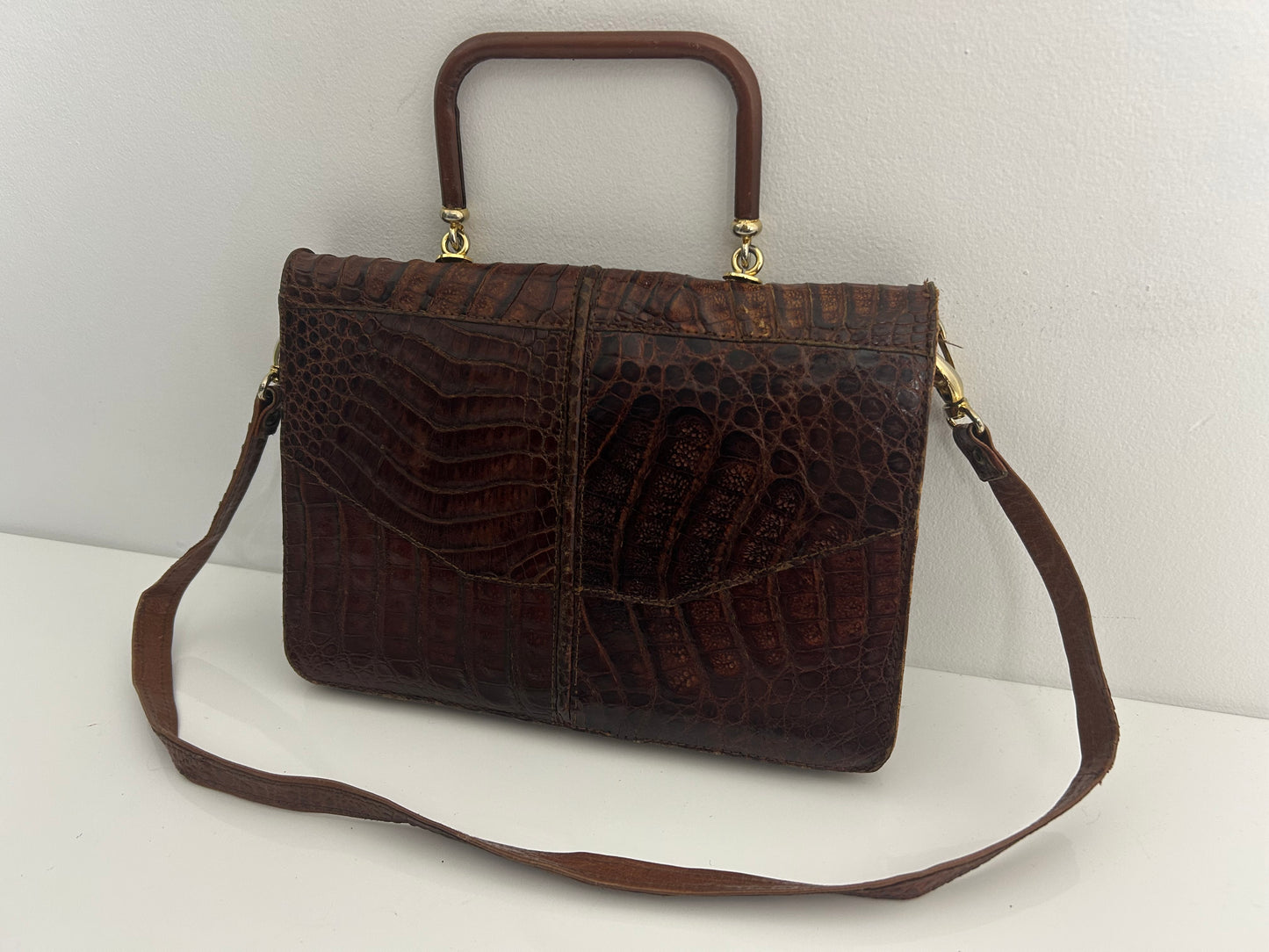Vintage Late 1960s Early 1970s Brown Mock Croc Leather Handbag Or Shoulder Strap