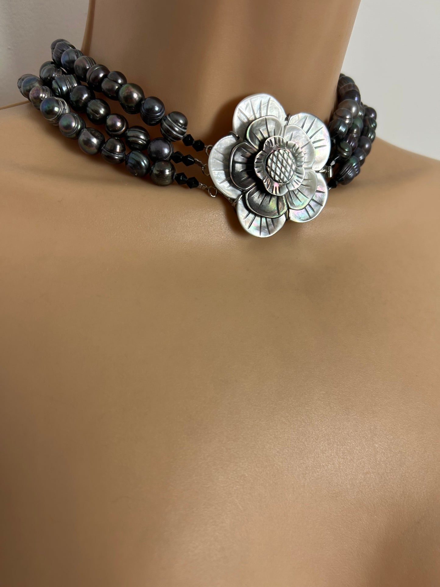 Beautiful Black Real Freshwater Baroque Pearl Multistrand Necklace With Mother Of Pearl Flower Clasp