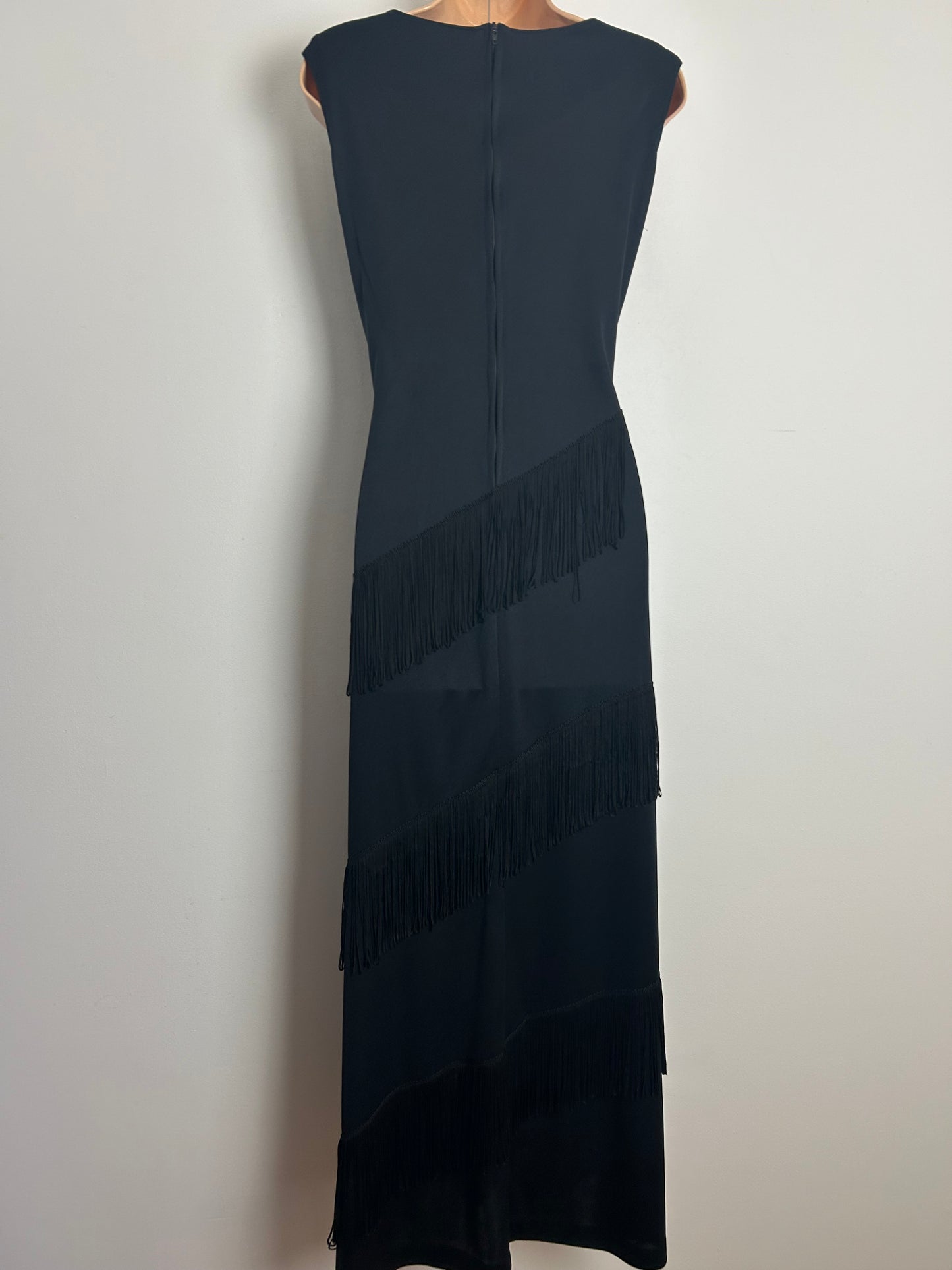 Vintage 1970s Size 12 Black Sleeveless Fringe Tassel Detail Evening Occasion Maxi Dress