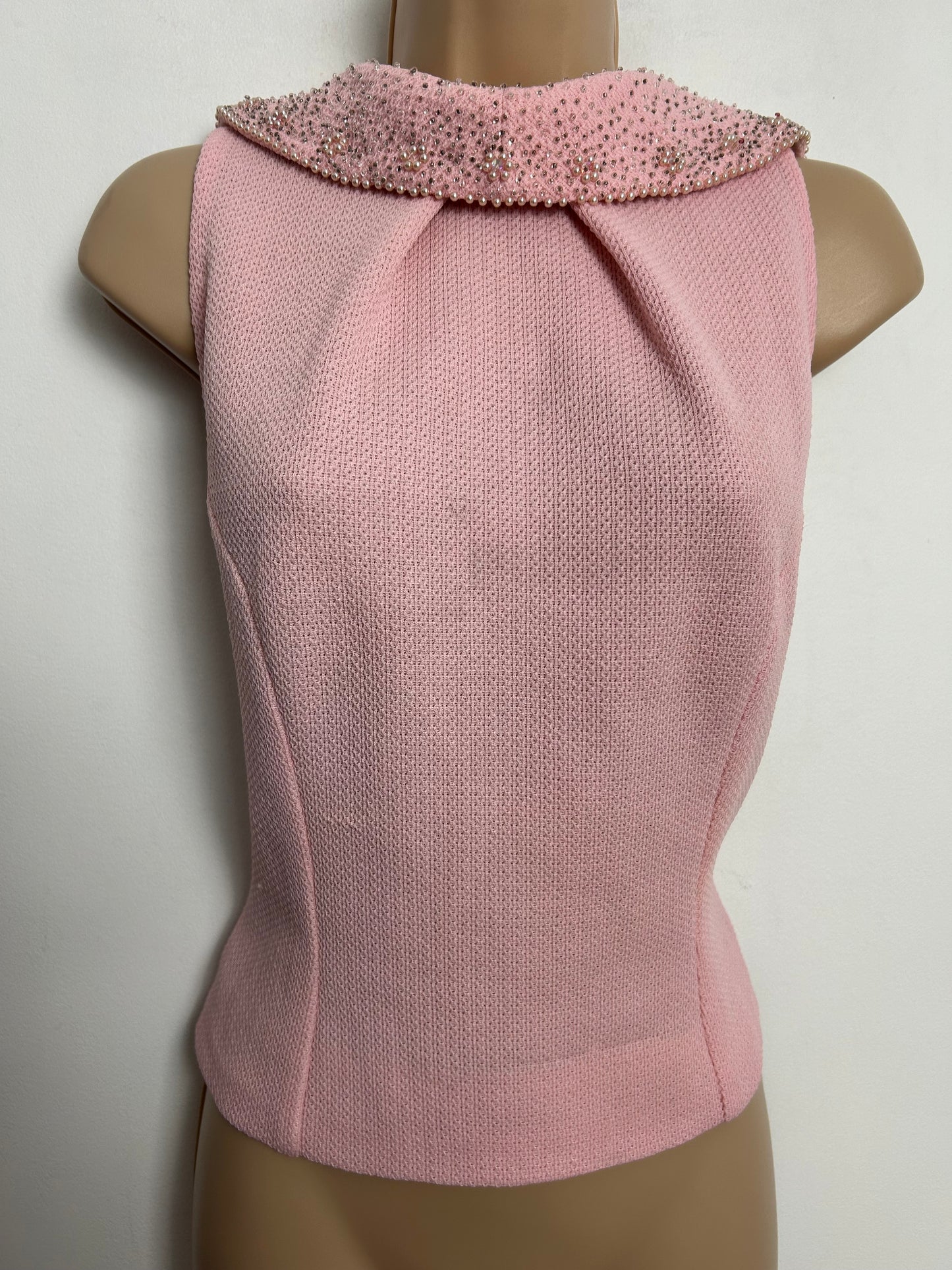 Vintage 1960s Size 8 Pale Pink Waffle Fabric Bow Detail Bead Embellished Sleeveless Top