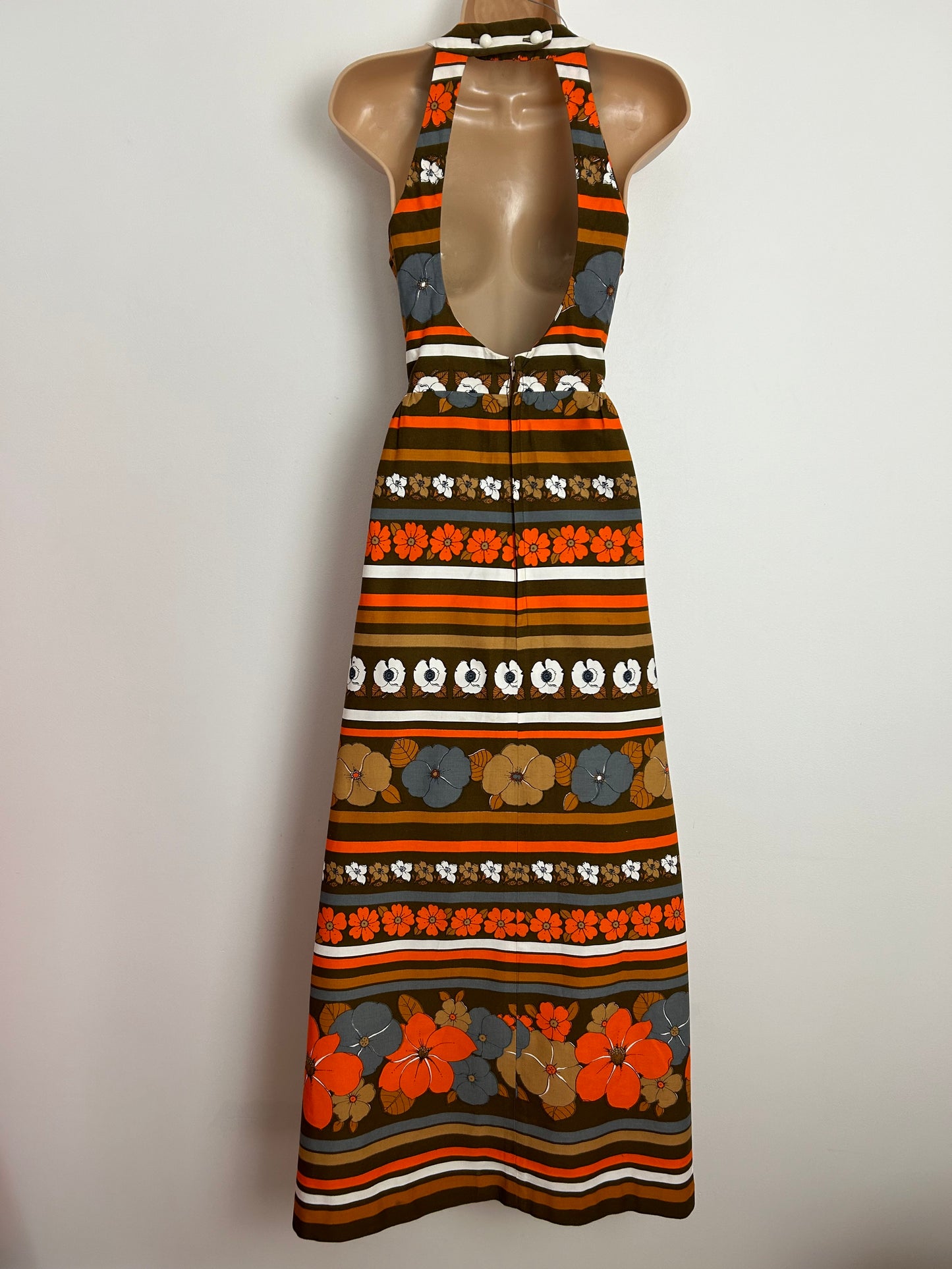 Vintage 1970s UK Size 8 Gorgeous Brown Orange White & Grey Floral & Stripe Print Open Back Cotton Summer Maxi Dress