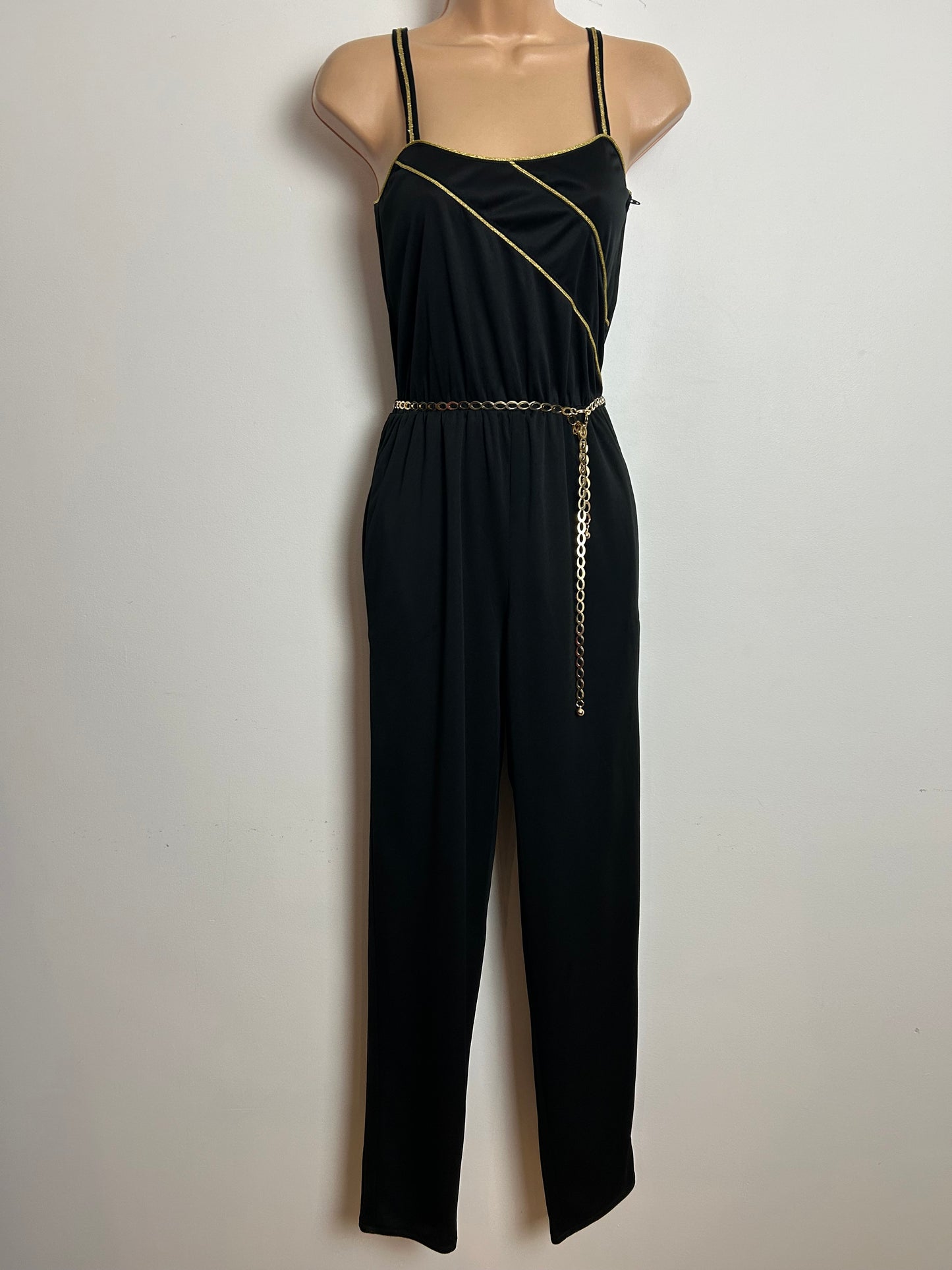 Vintage 1980s Size 6 Black & Metallic Gold Piping Trim Strappy Belted Tapered Evening Party Jumpsuit