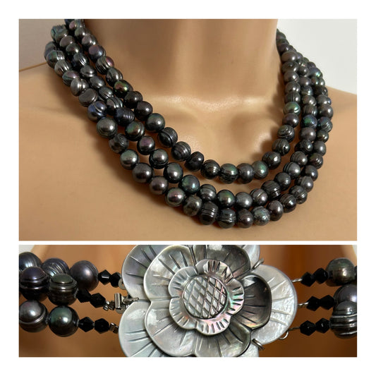 Beautiful Black Real Freshwater Baroque Pearl Multistrand Necklace With Mother Of Pearl Flower Clasp