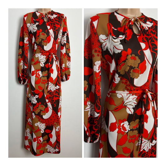 Vintage 1970s Size 12 Orange Brown & White Floral Print Long Sleeve Belted Maxi Dress
