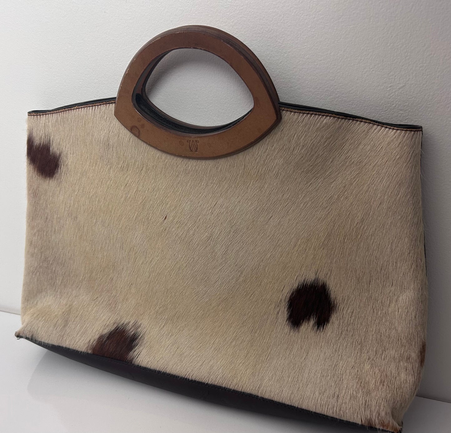 Vintage 1970s large Cow Hide With Hair Wooden Handle Handbag