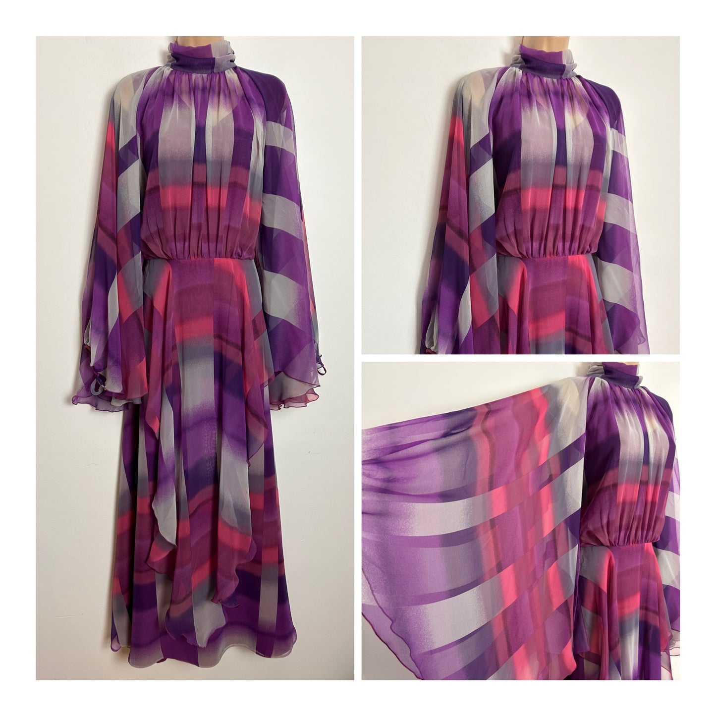 Vintage 1970s UK Size 12 Stunning Purple Pink & Grey Stripe Print HUGE Flared Cape Sleeves Occasion Maxi Dress