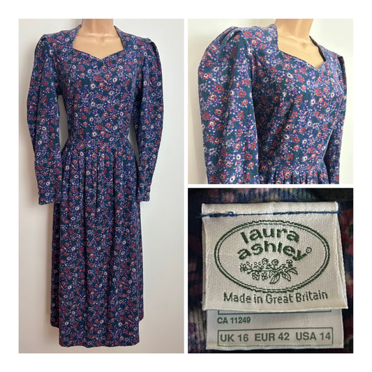 Vintage 1980s LAURA ASHLEY Size 14 (Size 16 On Label) Dark Blue Floral Print Cotton Needlecord Midi Day Dress