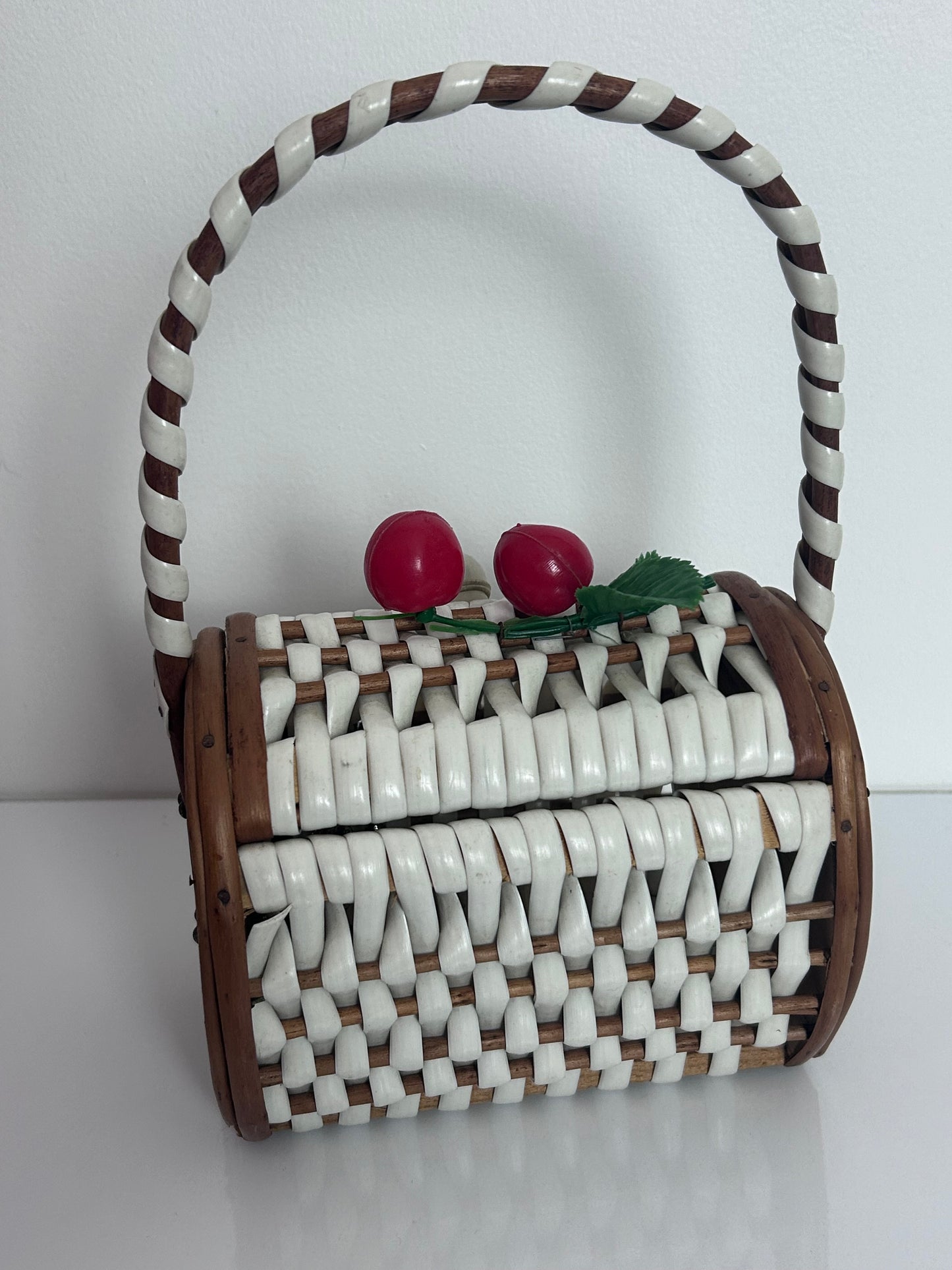 Vintage 1950s Cute Wooden & White Woven Cherries Detail Box Bag