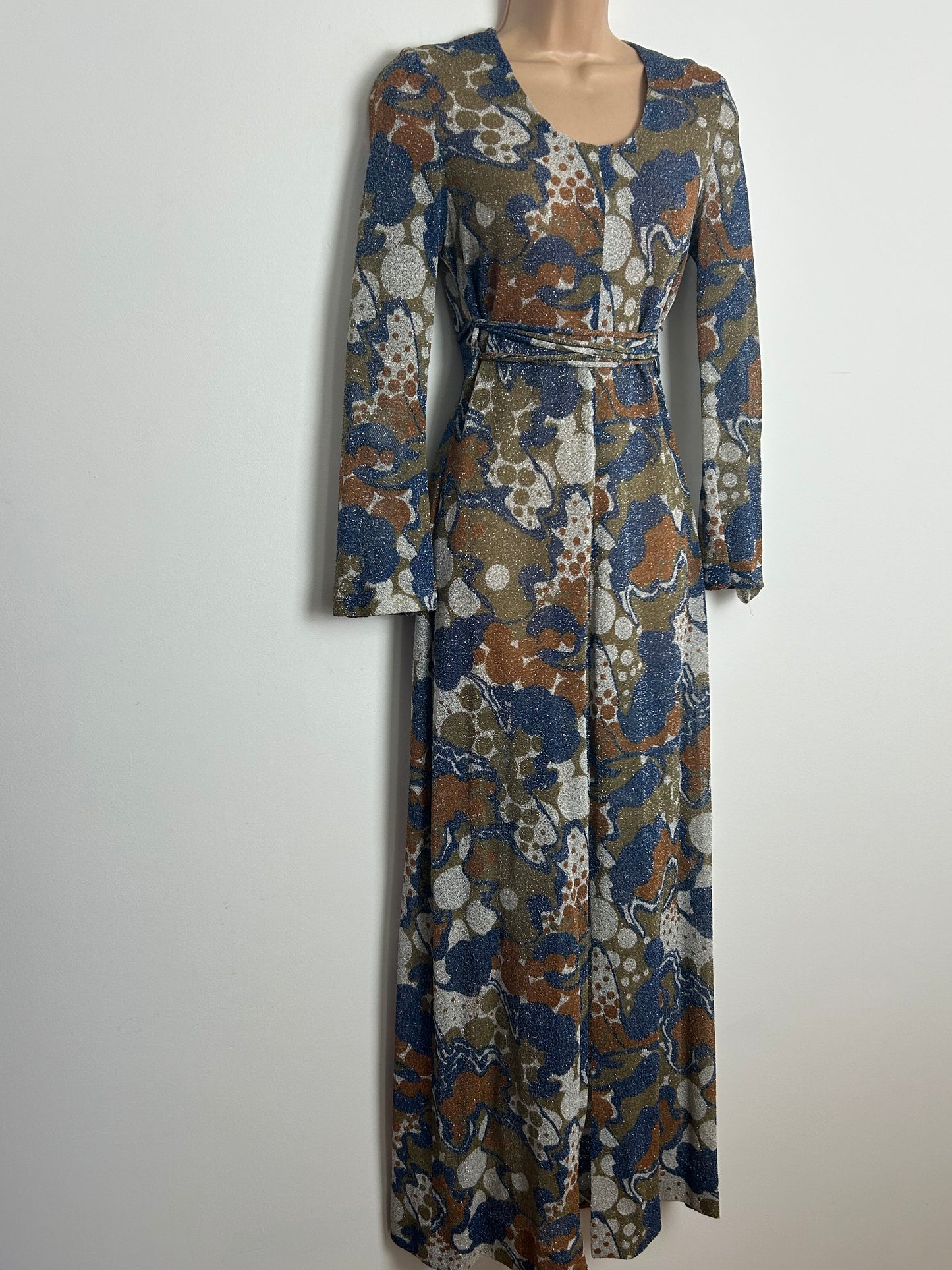 Vintage 1970s SKIVA Size 8 Blue & Brown Tones Abstract Print Lightweight Lurex Criss Cross Tie Fastening Maxi Dress