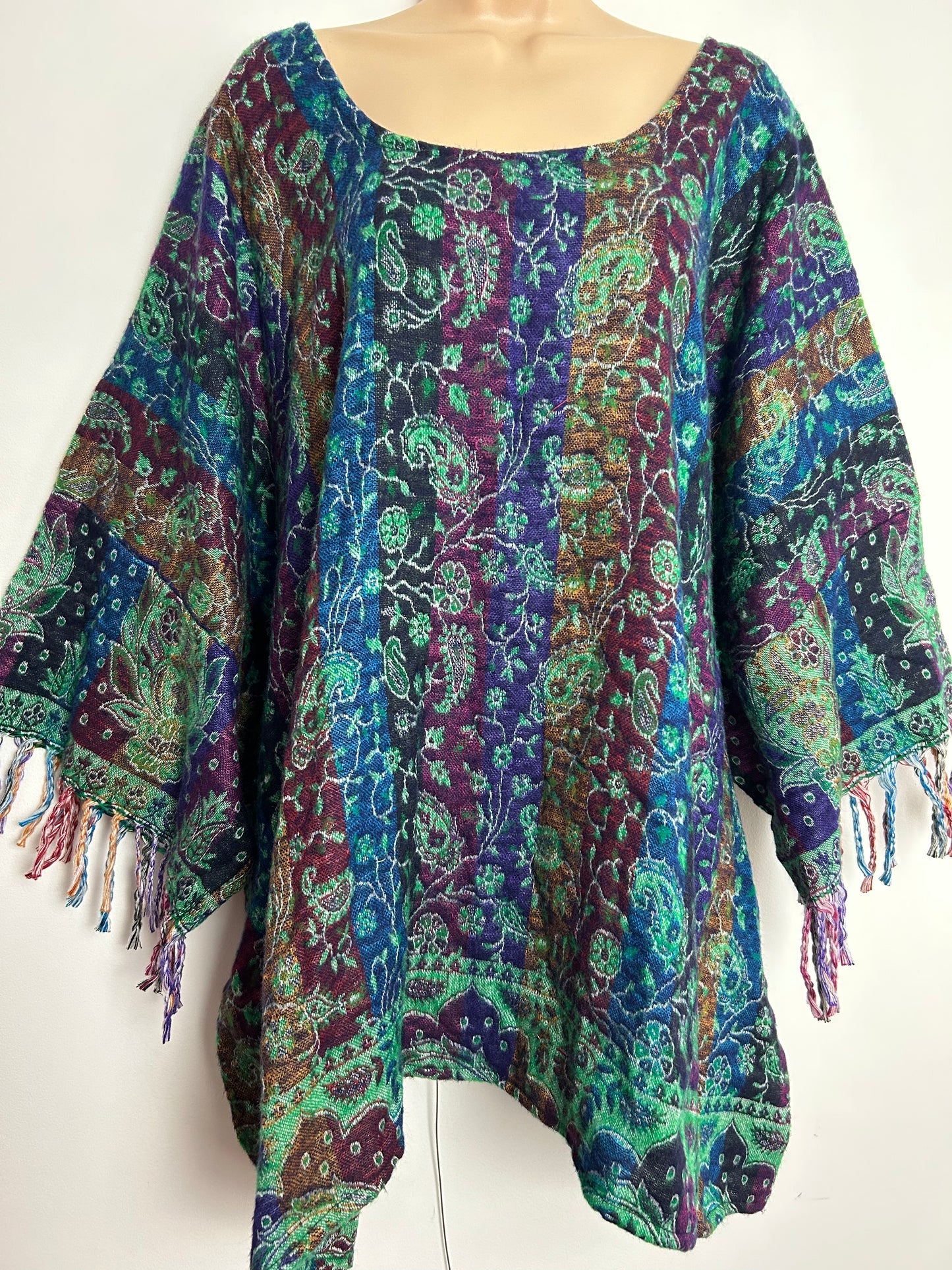 Vintage 80s 90s Gorgeous Indian Blue Green Red & Purple Floral Paisley Fringed Sleeve Poncho/Cape Style Top